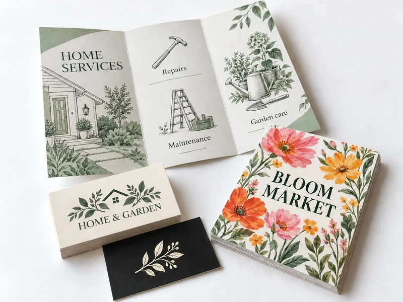 Home-and-garden business cards, a floral event flyer and a local-service brochure design concept