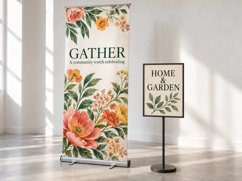 Community-event banner and home-and-garden sign design concepts