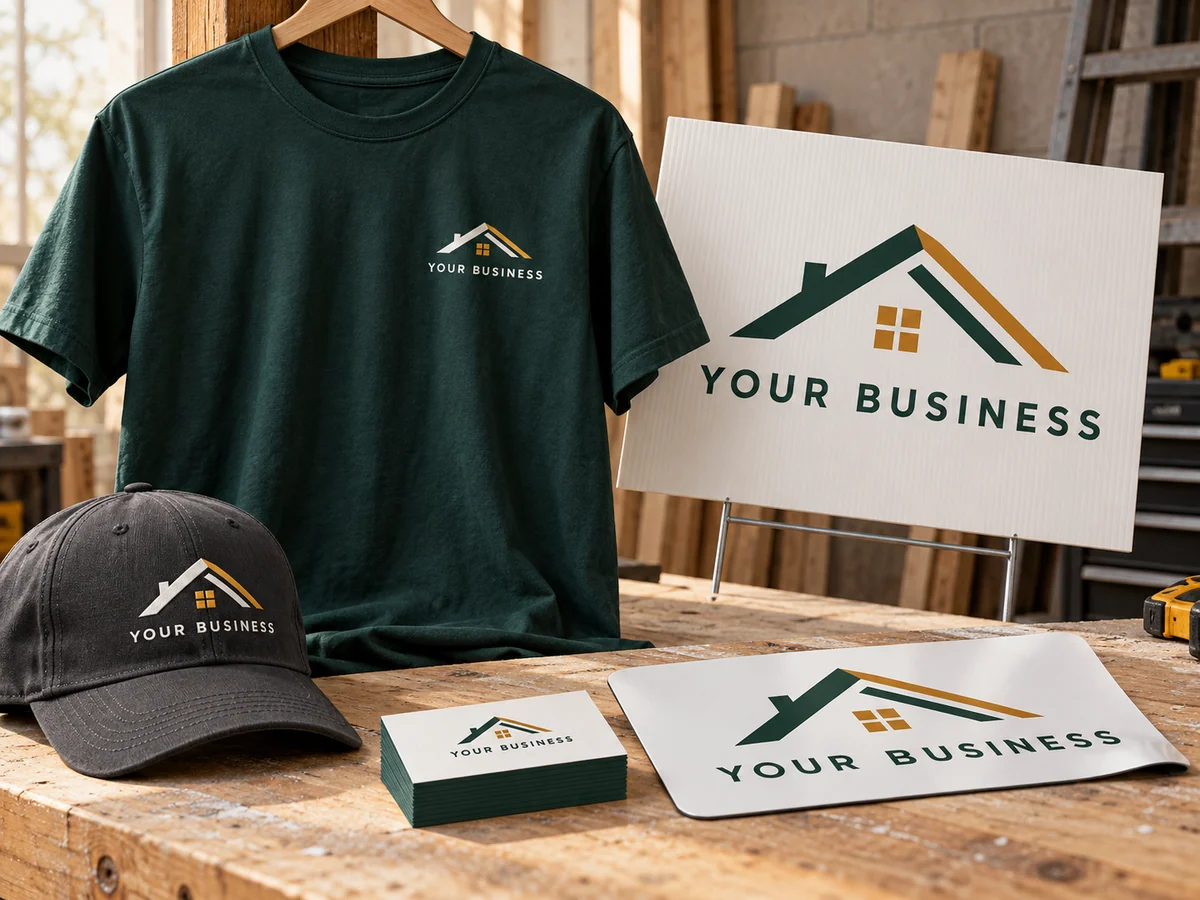 Concept mockup of a teal work shirt, embroidered cap, yard sign, vehicle magnet and business cards with matching sample branding