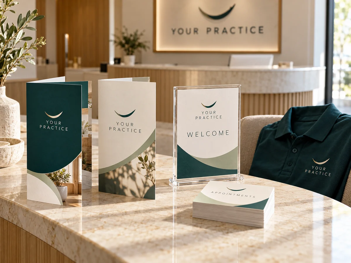 Concept mockup of coordinated practice brochures, acrylic welcome signage, appointment cards and an embroidered teal polo in a reception setting