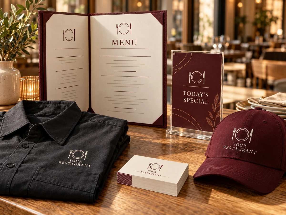 Concept mockup of a restaurant menu, acrylic specials sign, charcoal polo, burgundy cap and matching business cards