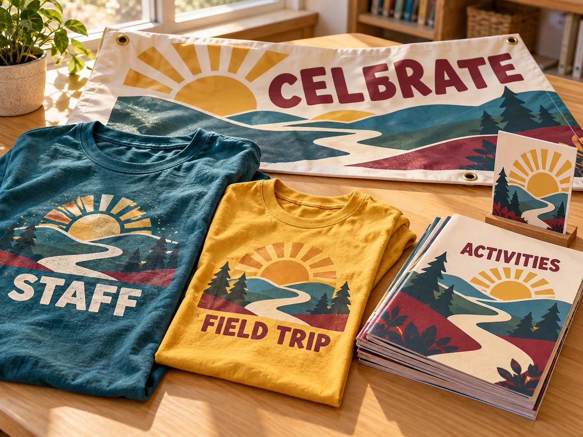 Concept mockup of teal staff and gold field-trip shirts, a celebration banner and activity booklets with a coordinated outdoor design