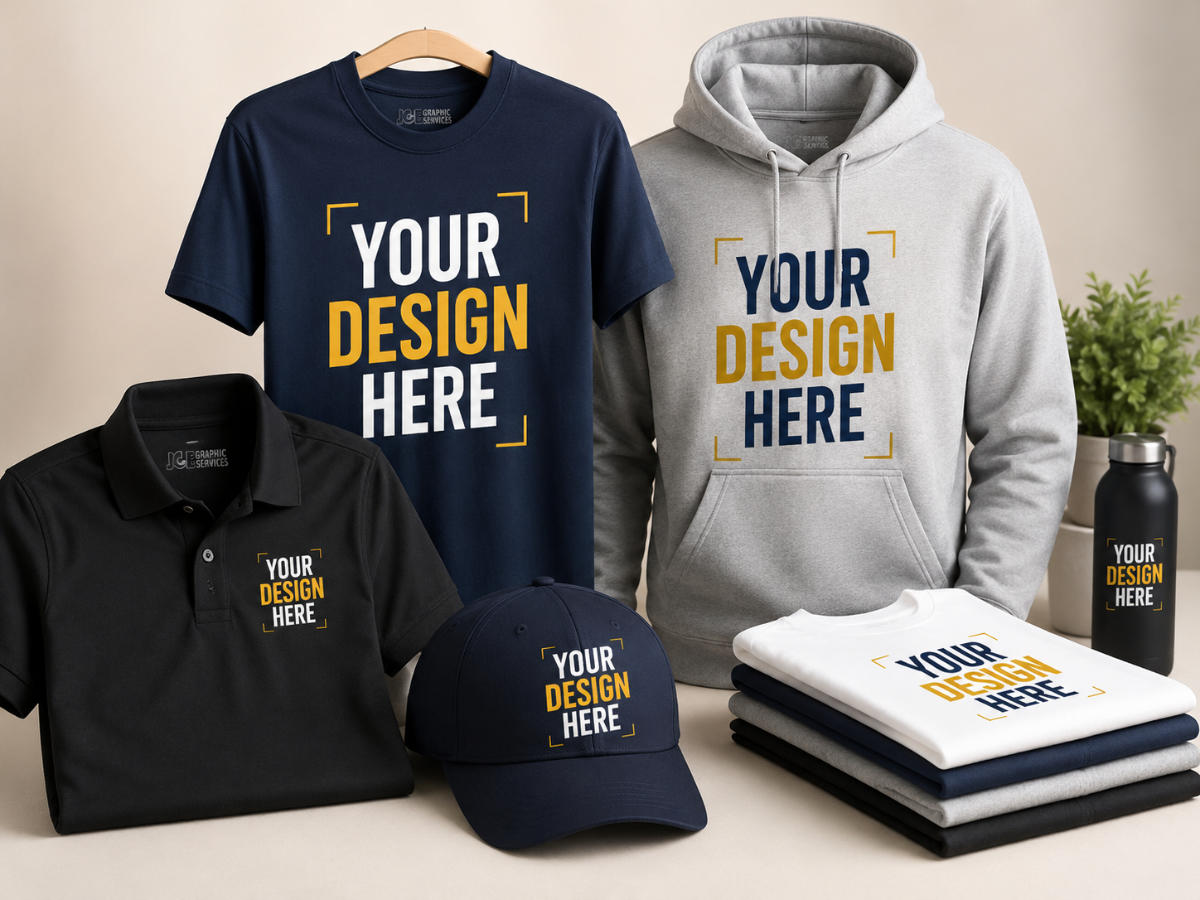 Custom t-shirts, caps, and apparel printed by JCE Graphic Services
