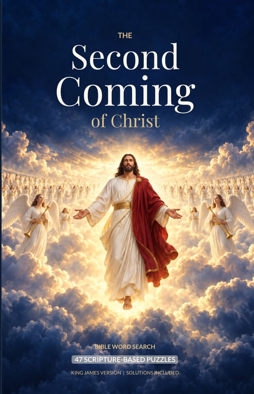 The Second Coming of Christ Bible Word Search cover, showing Jesus returning in the clouds with angels and trumpets