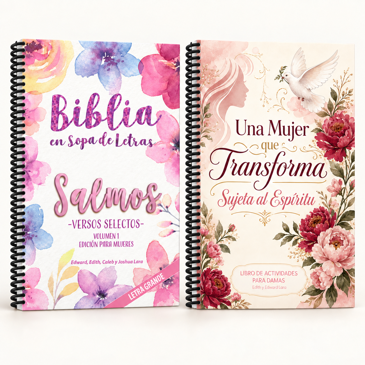 Colección Fe y Fortaleza para la Mujer: Salmos, volumen 1, y Una Mujer que Transforma, con espiral de plástico negro.