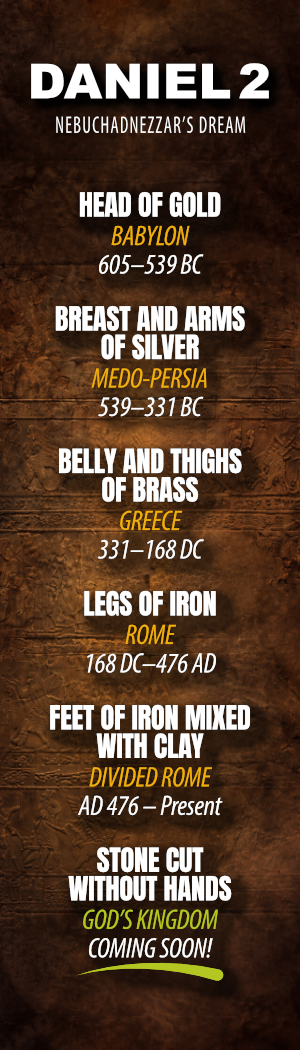 English Daniel 2 bookmark with the statue materials and kingdoms timeline.
