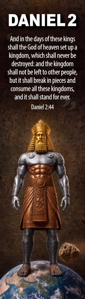 English Daniel 2 bookmark showing Nebuchadnezzar’s statue and Daniel 2:44.