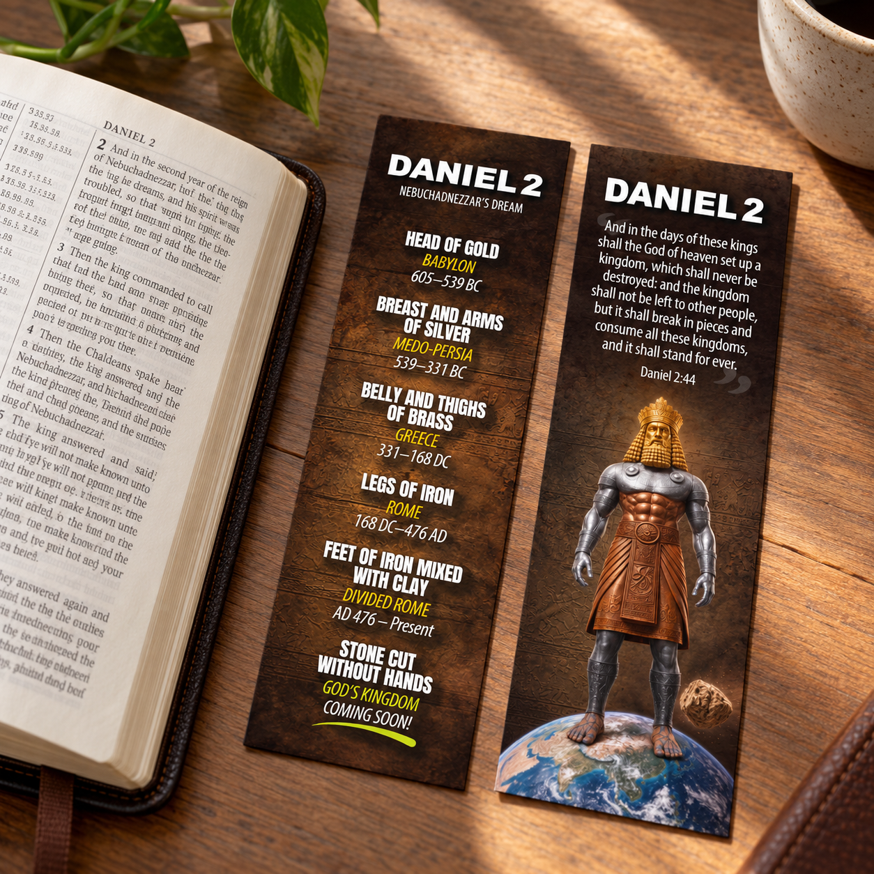 English Daniel 2 bookmarks beside an open Bible on a wooden table.