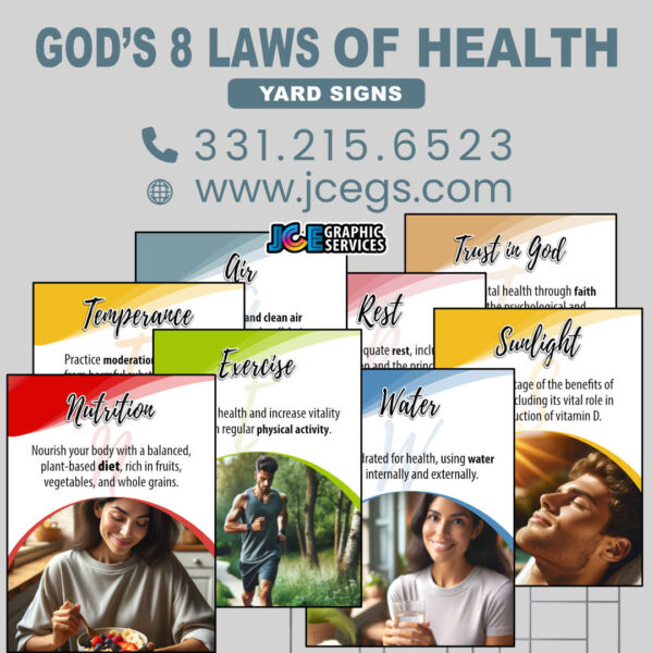 God's 8 Laws of Health – Yard Sign Set (Double-Sided, with Step Stakes)