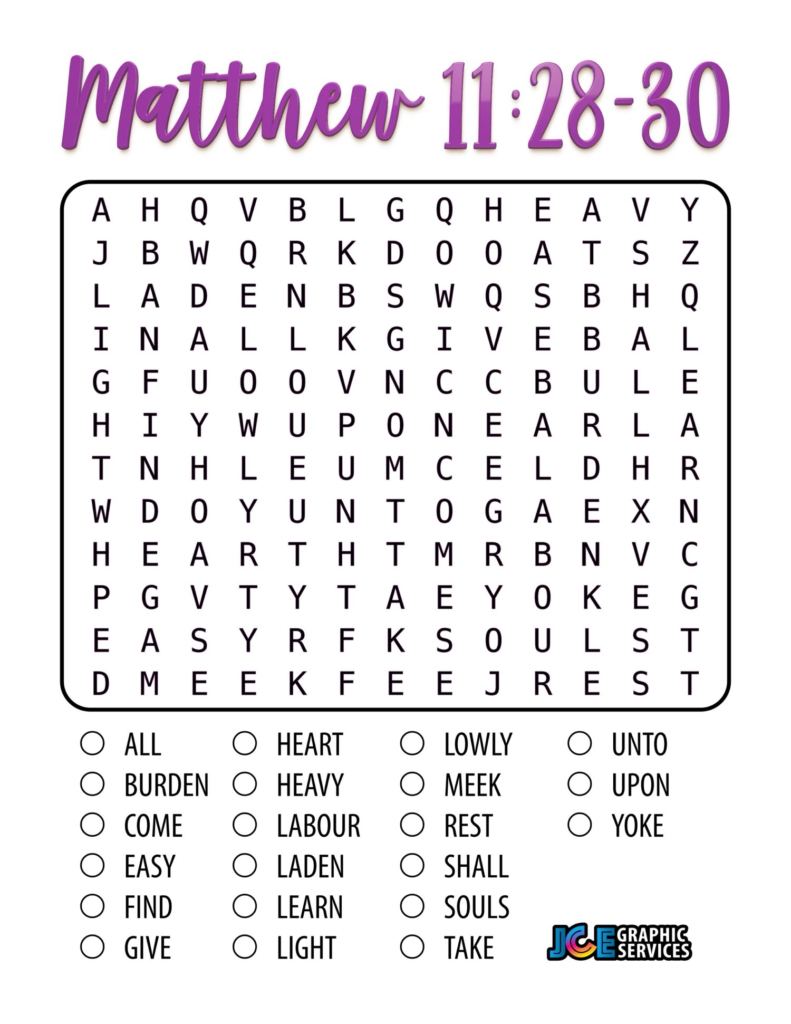 Matthew 11:28-30 Word Search Puzzle: Easy - JCE Graphic Services